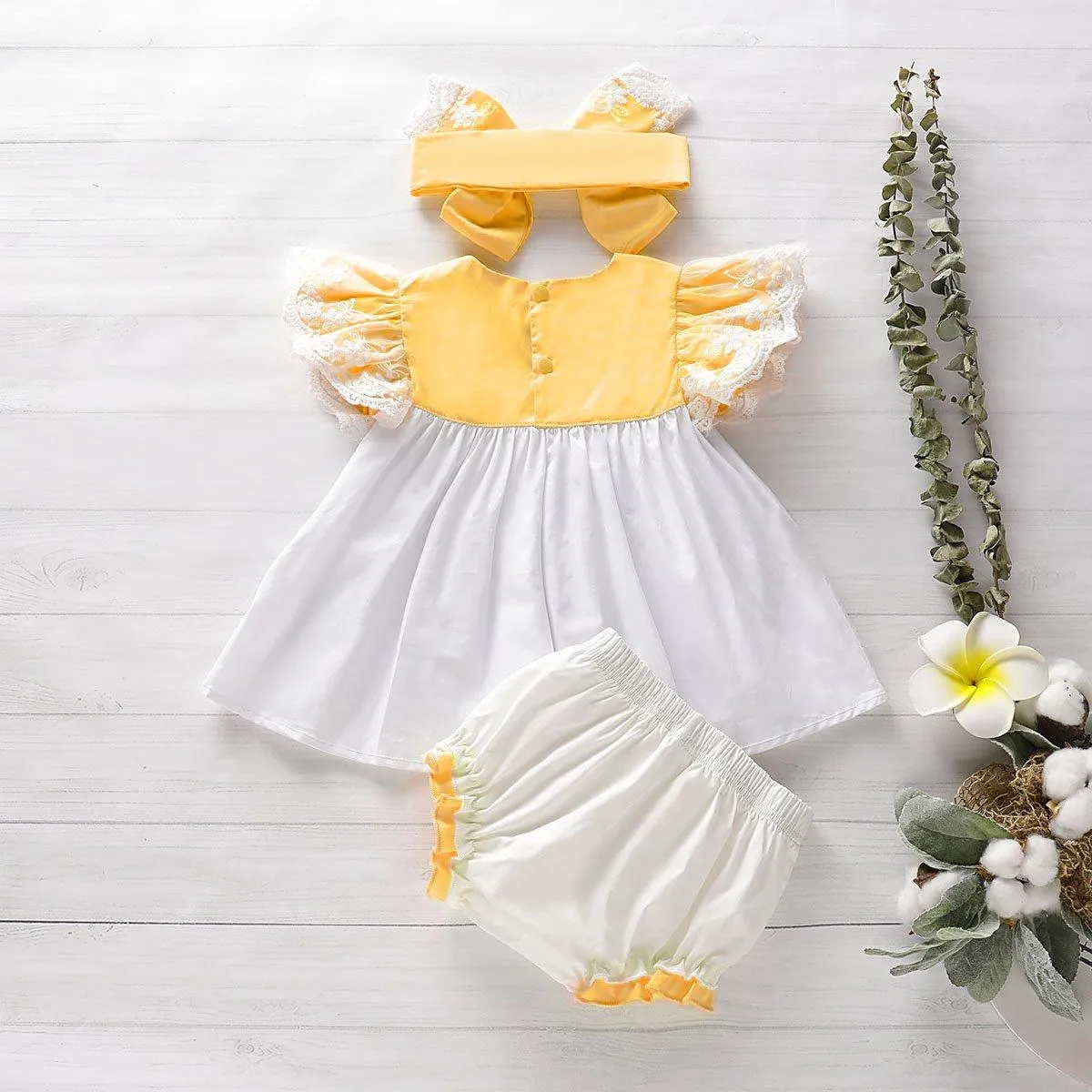 3-Piece Ruffled Top, Bow Decor Shorts and Headband