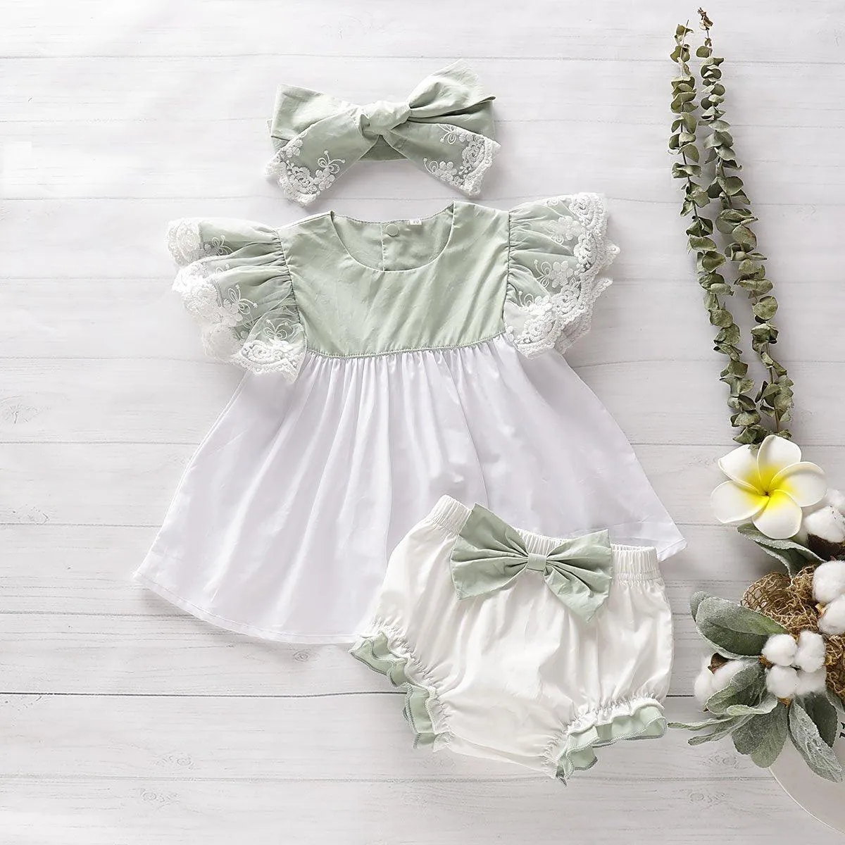 3-Piece Ruffled Top, Bow Decor Shorts and Headband