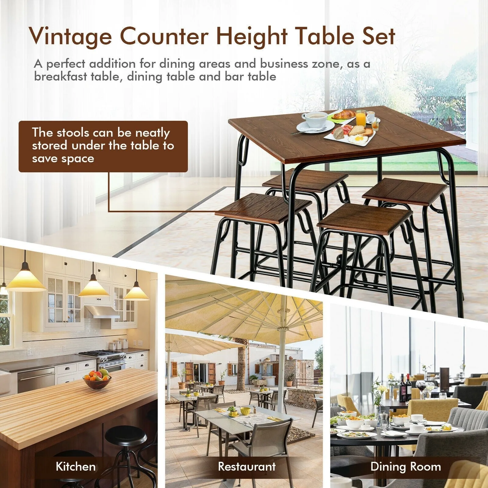 5pc Bar Table Set - Rustic Brown