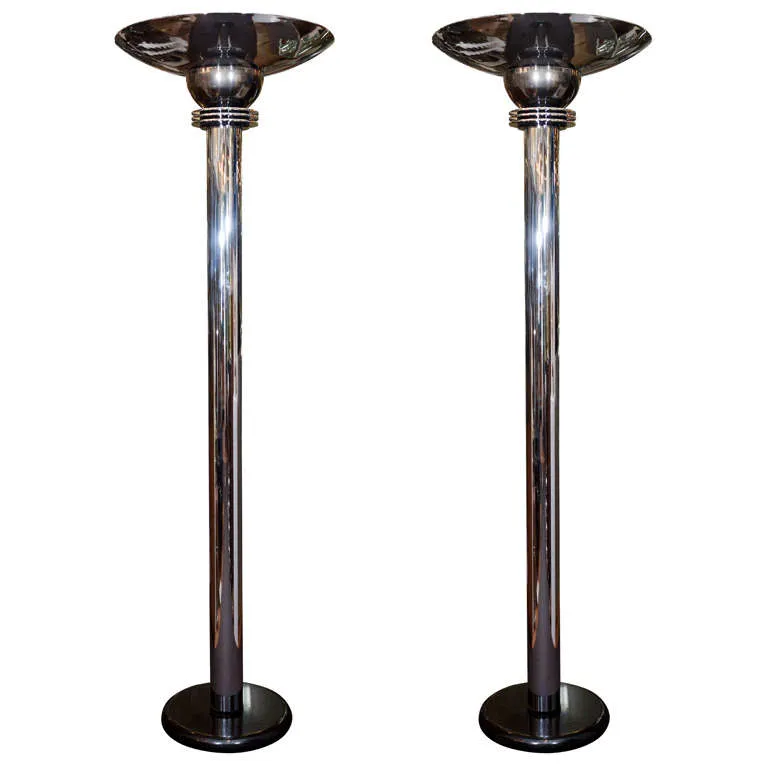 American Art Deco Revival Monumental Torchiere Floor Lamps