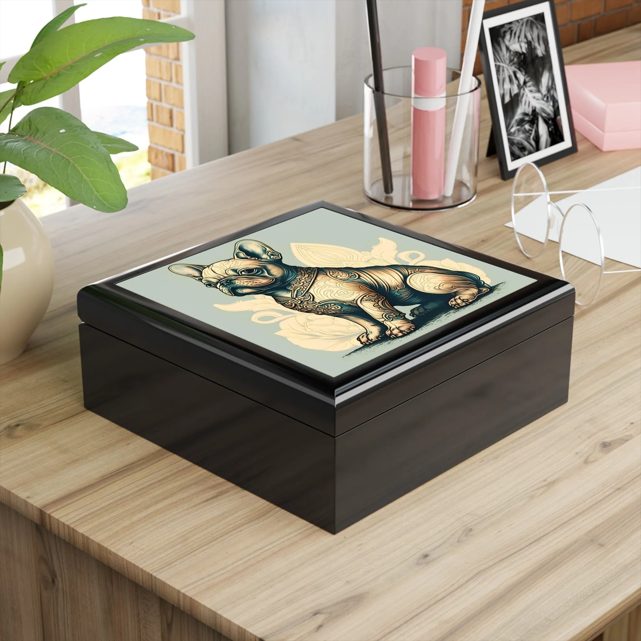 Art Nouveau French Bulldog Portrait Art Print Gift and Jewelry Box