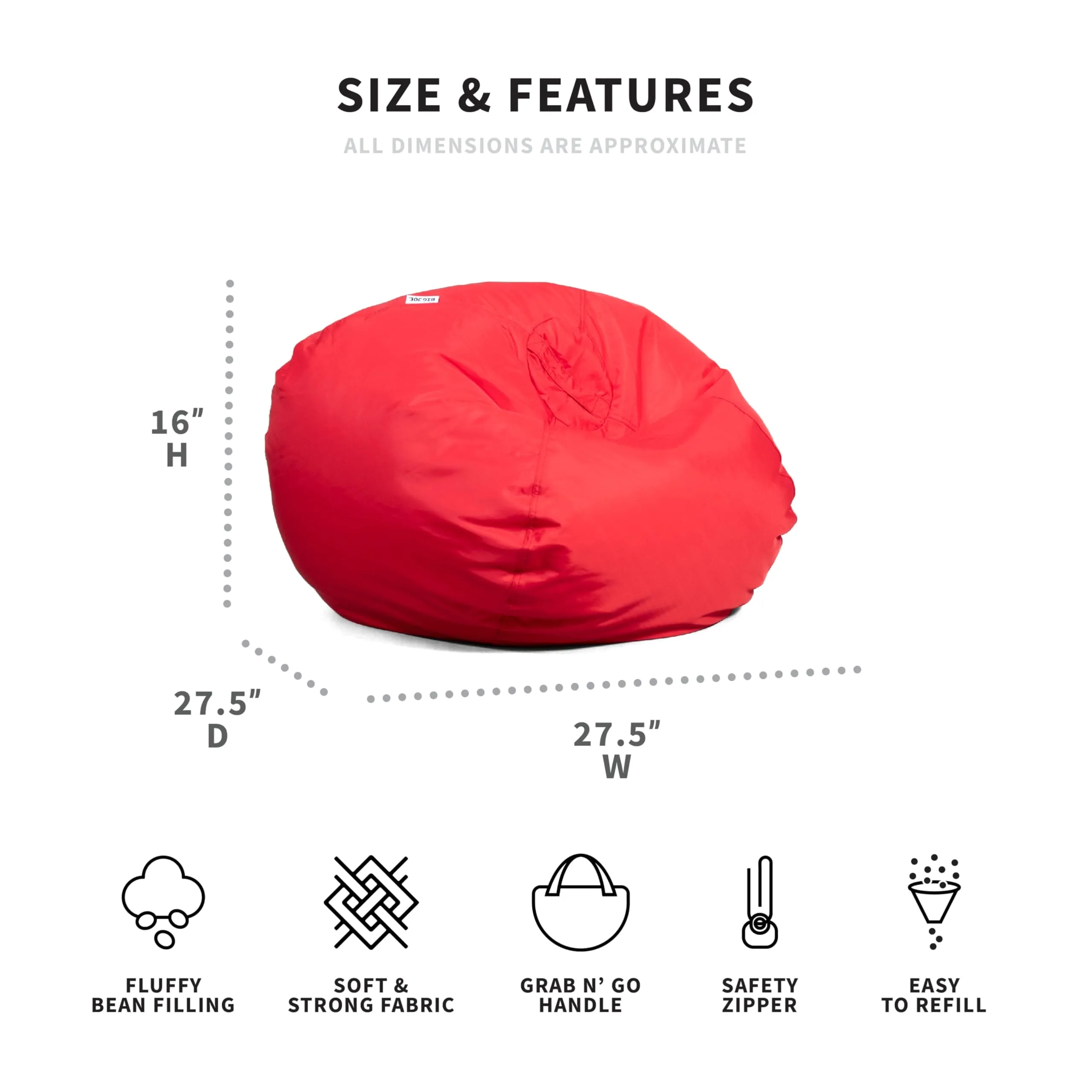 Big Joe Classic Bean Bag Chair, Red Smartmax, Durable Polyester Nylon Blend, 2 feet Round