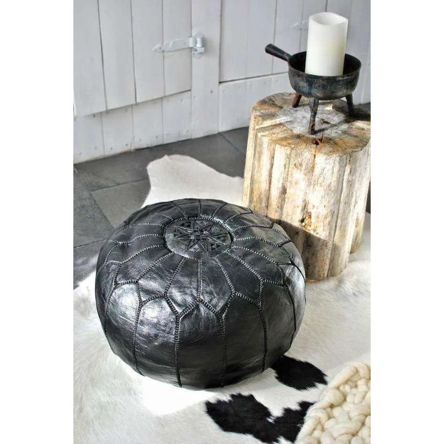 Black Moroccan Leather Pouf