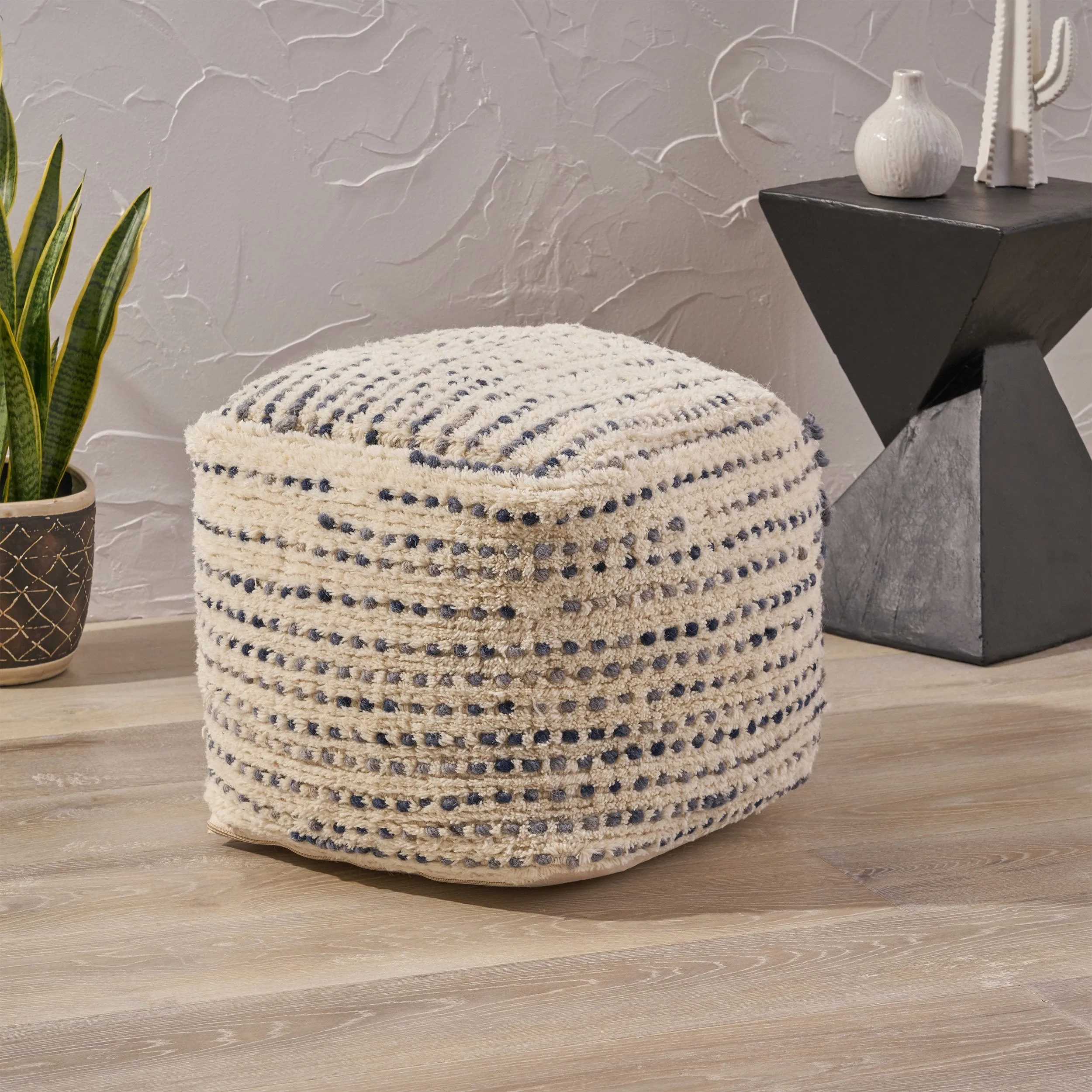 Boho Wool and Cotton Ottoman Pouf - NH423903