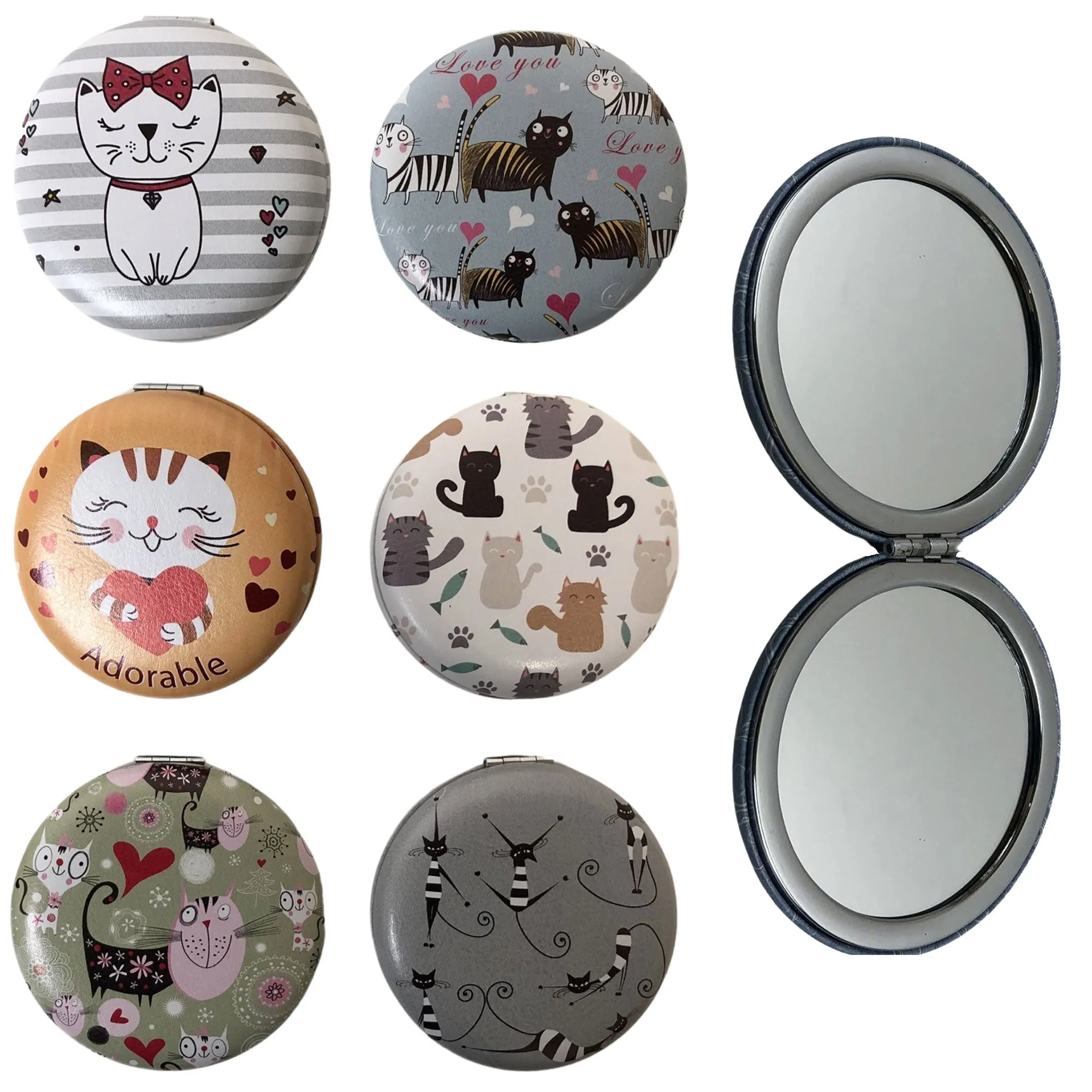 CLEARANCE COSMETIC MIRRORS CAT PRINTS (CASE OF 48 - $1.50 / PIECE)  Wholesale Round Cosmetic Mirrors in Assorted Prints SKU: 906-CAT-48