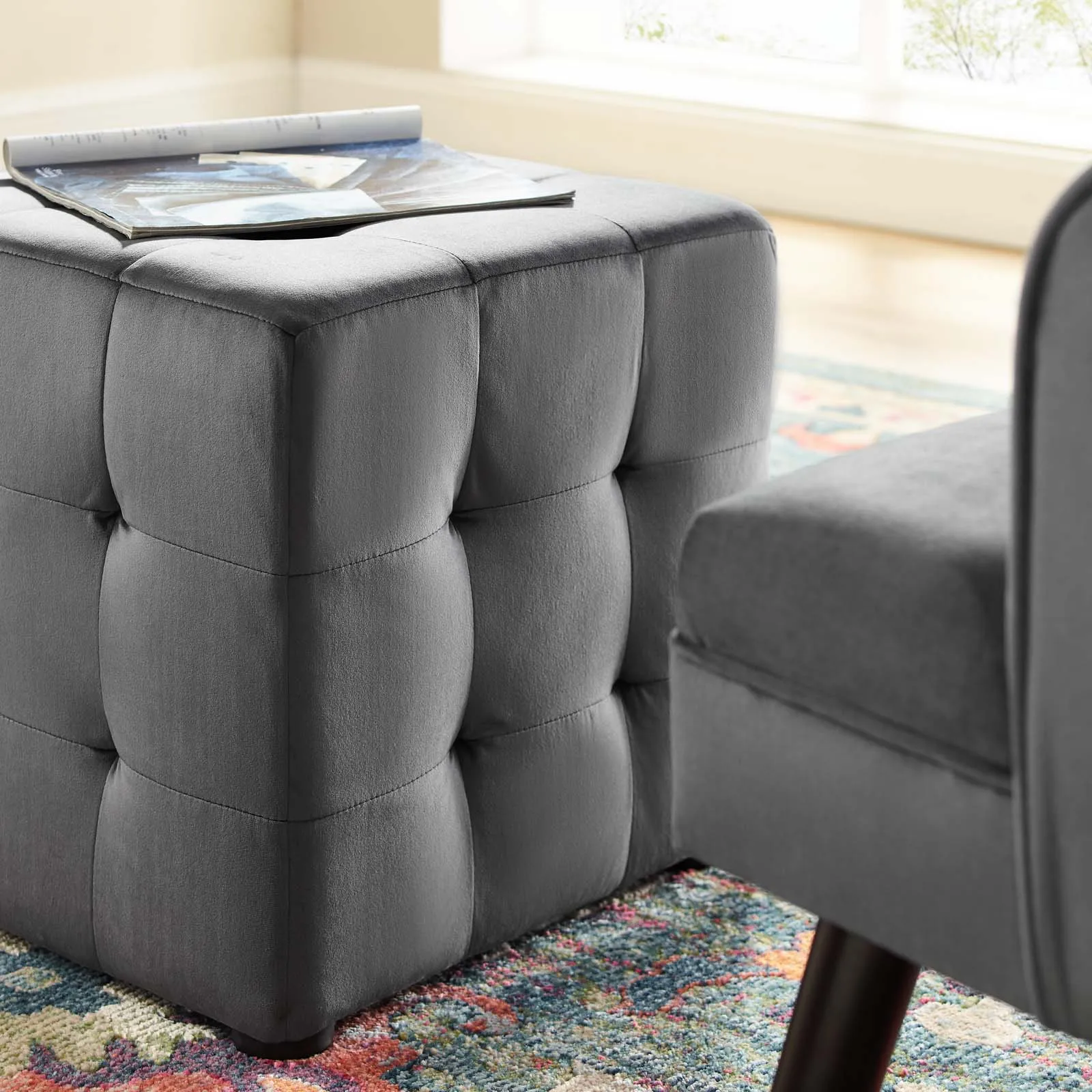 Contour Tufted Cube Performance Velvet Ottoman