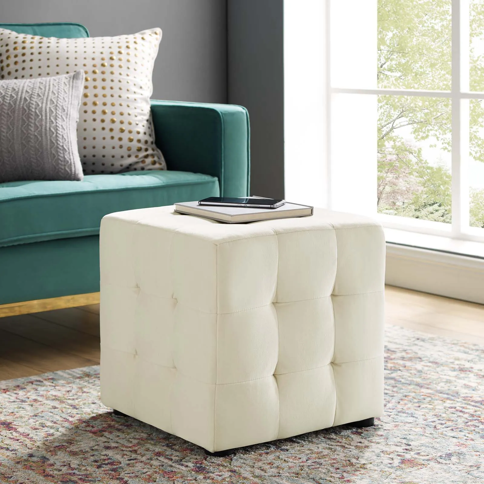 Contour Tufted Cube Performance Velvet Ottoman