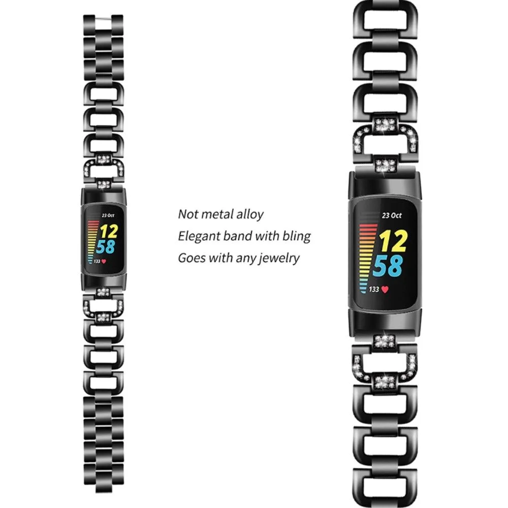 Fitbit Charge 5 rhinestone decor stainless steel watch strap - Black