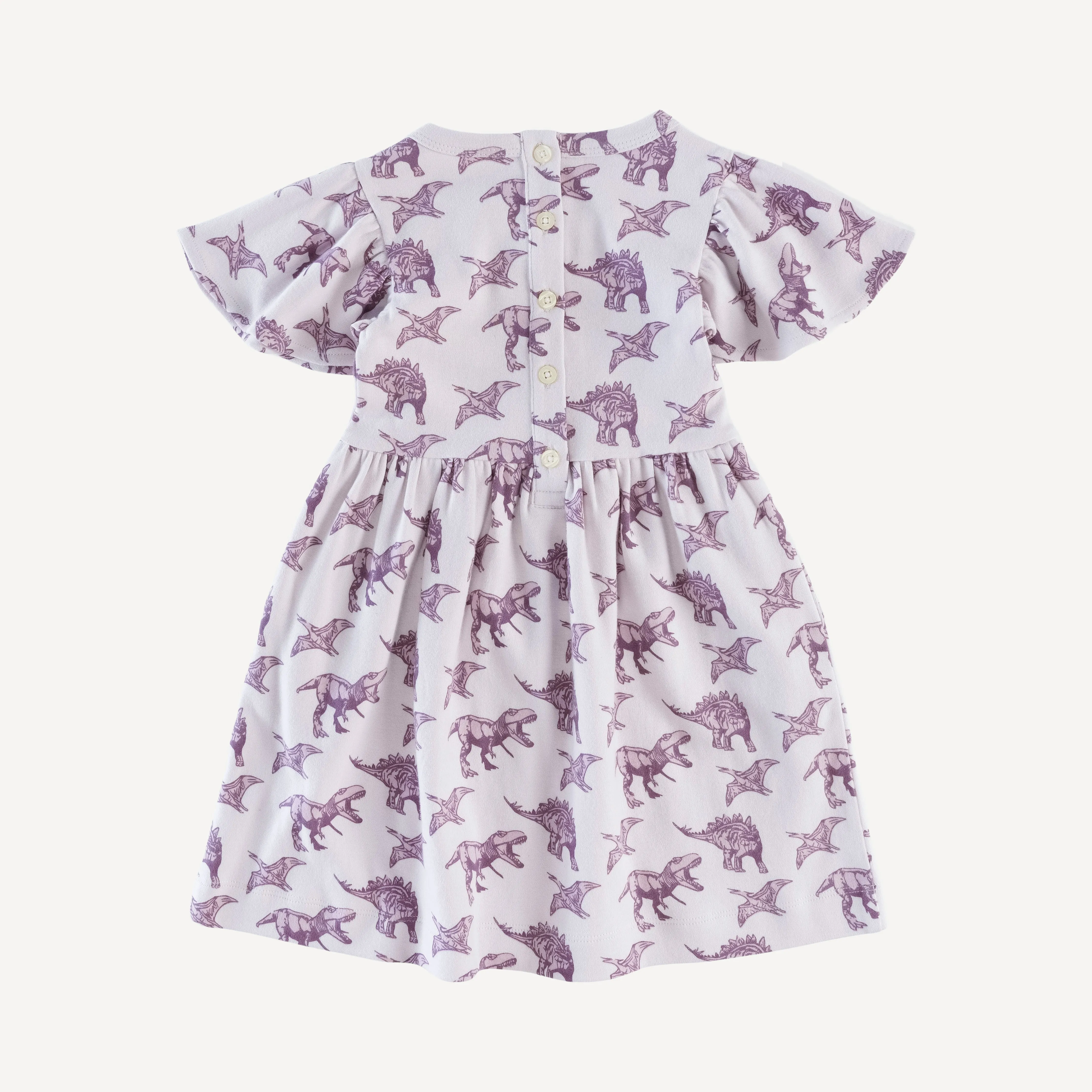 flutter sleeve dress | purple dinosaur | organic cotton interlock