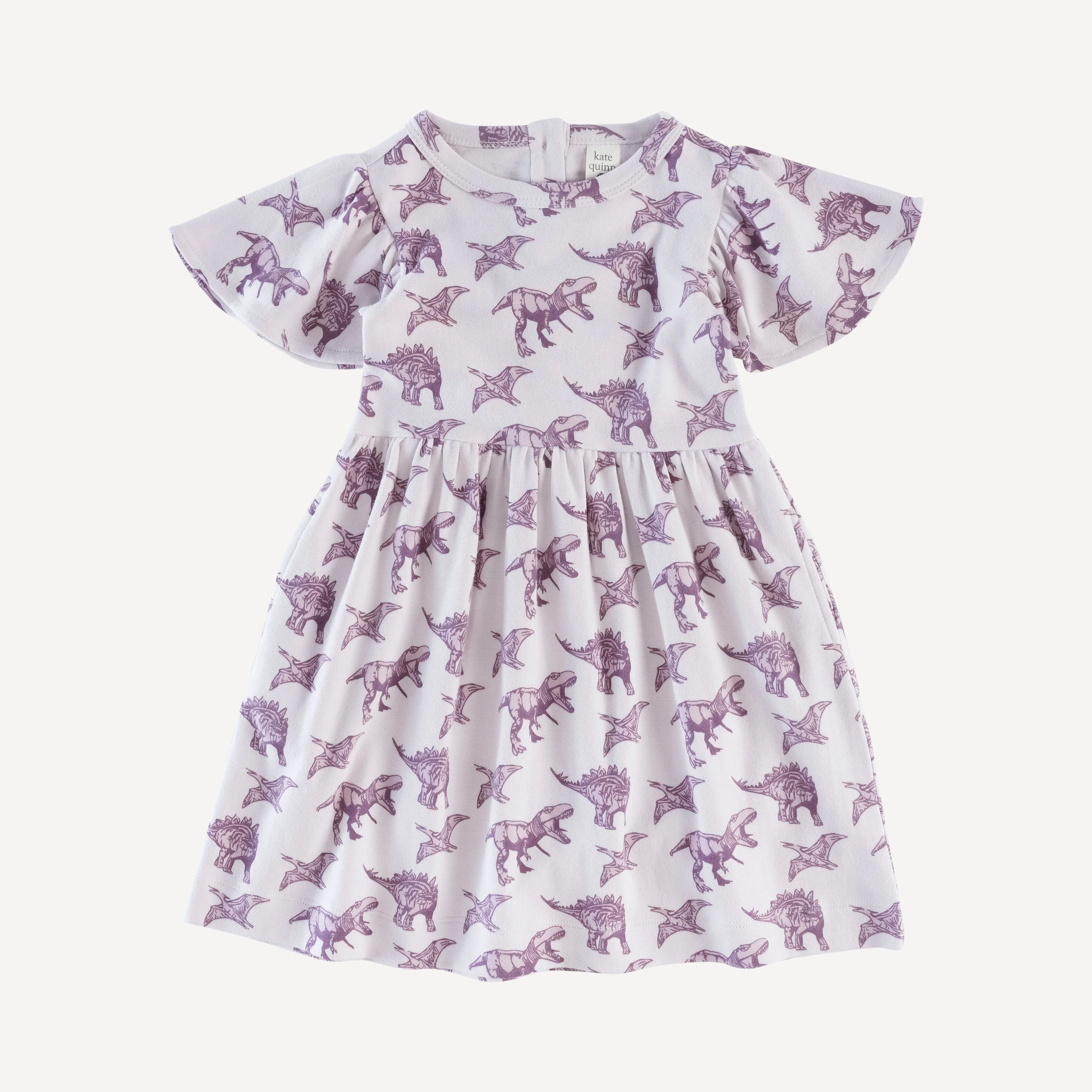 flutter sleeve dress | purple dinosaur | organic cotton interlock