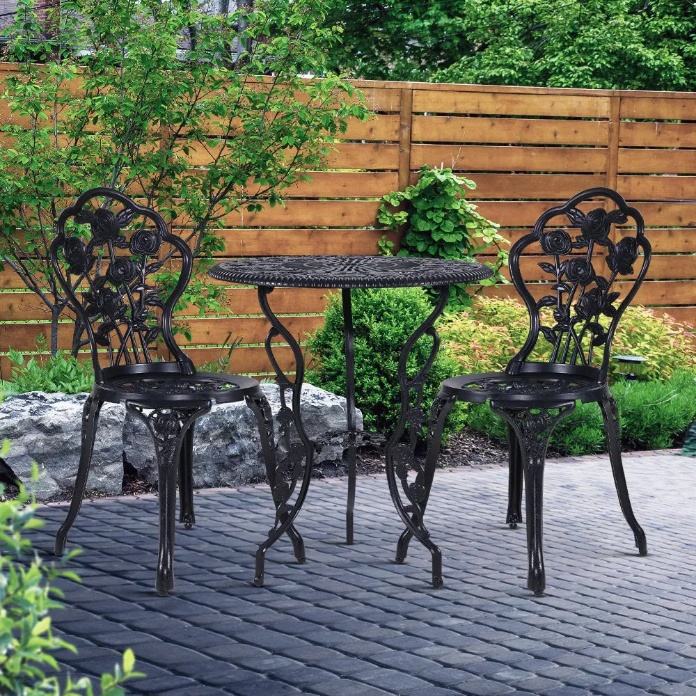 Gardeon 3PC Outdoor Setting Cast Aluminium Bistro Table Chair Patio Black