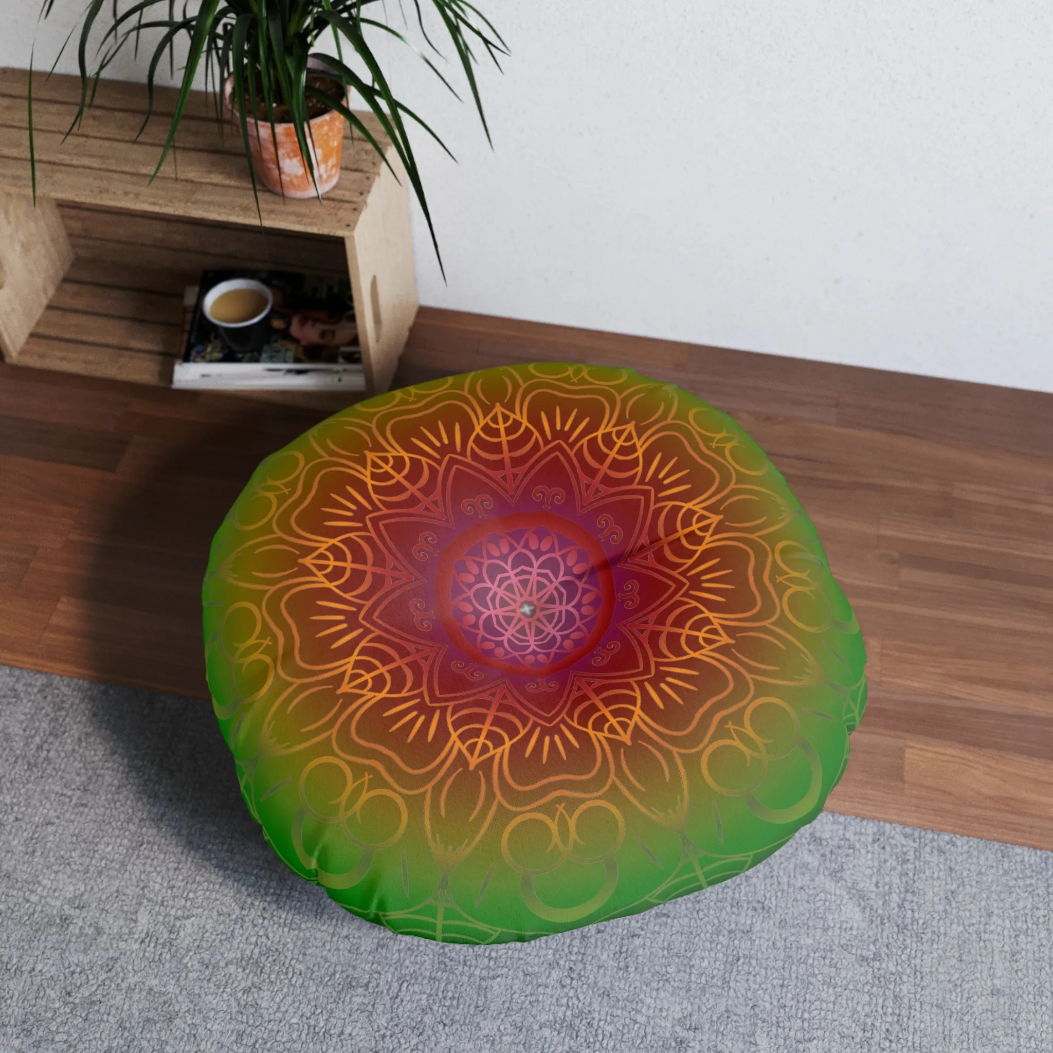 Handmade Mandala Art Floor Cushion - Rainbow Flower Mandala Design