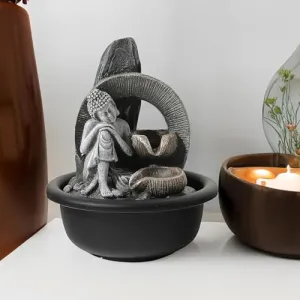 Heart Home Polyresin Buddha Fountain for Home Decor with LED Lights | 16x16x19cm | Tabletop Fountain | Living Room/Hall/Office/Garden Décor Gifting | Grey Color