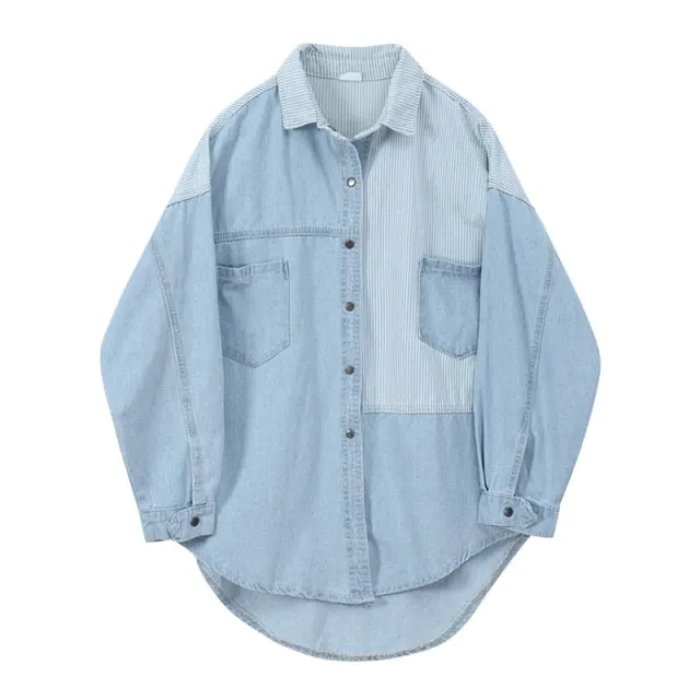 Irregular Spliced Denim Shirt Coat Long Sleeve Pocket Jean Jacket