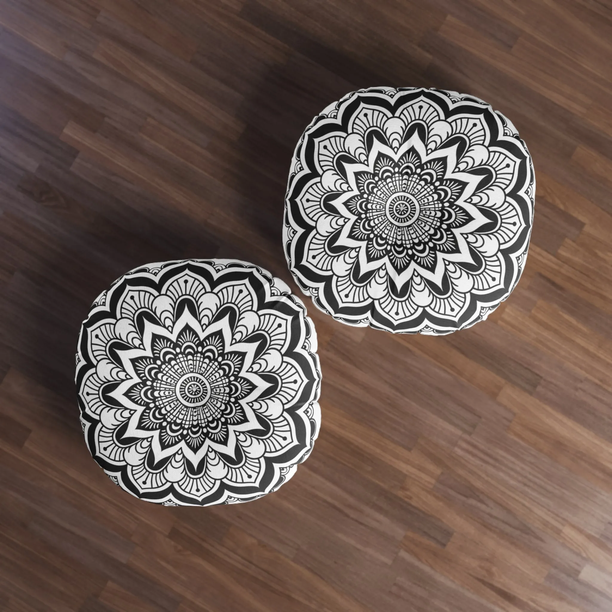 Mandala Art Black and White Floor Cushion - Tufted Round Pillow