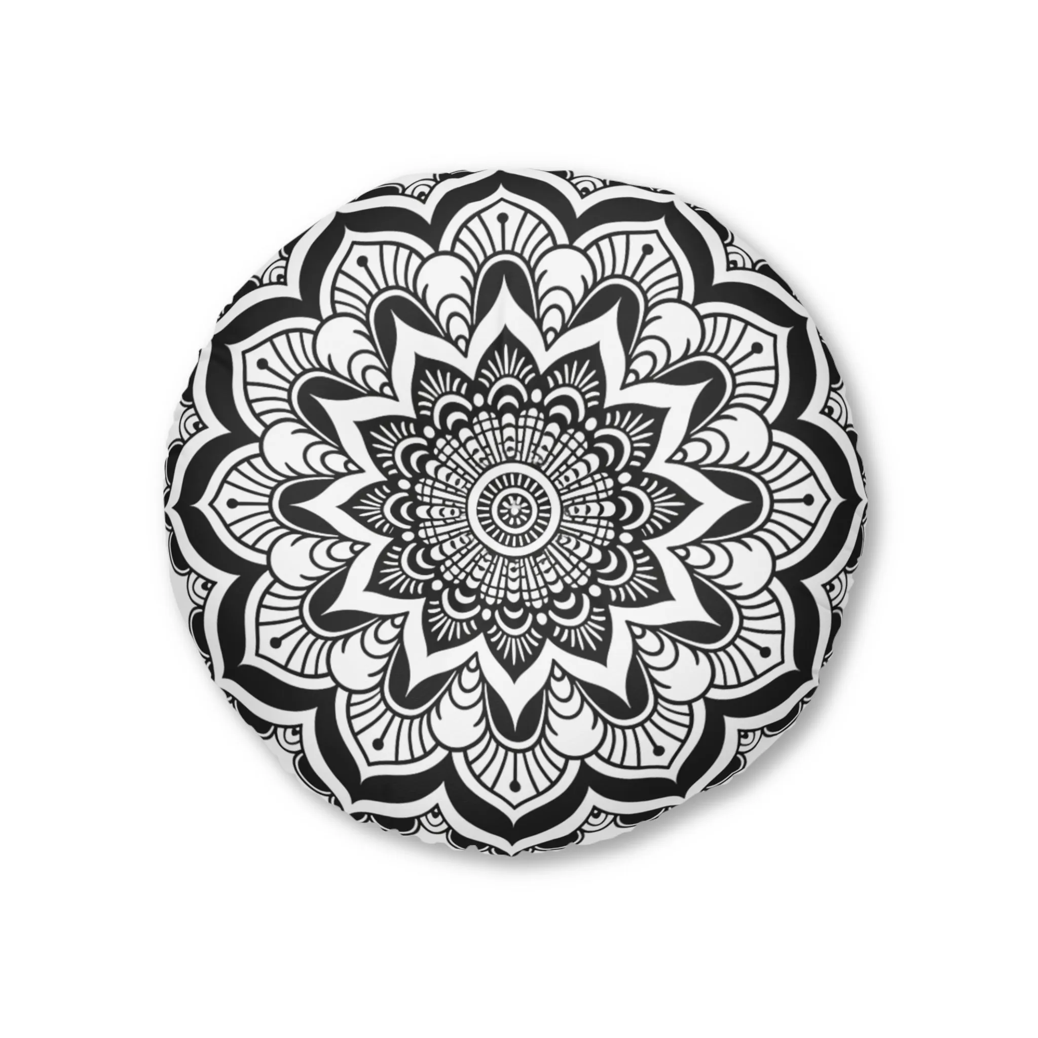 Mandala Art Black and White Floor Cushion - Tufted Round Pillow