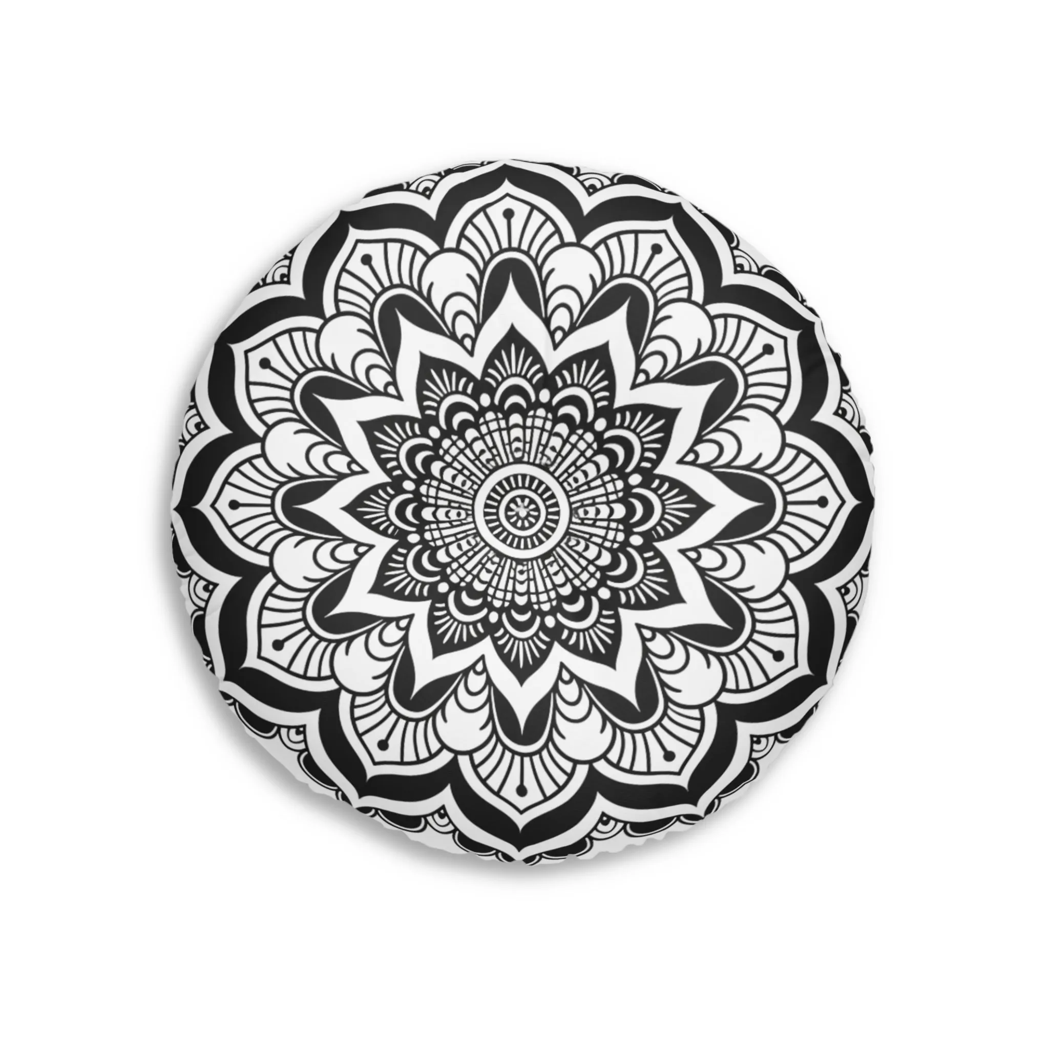 Mandala Art Black and White Floor Cushion - Tufted Round Pillow