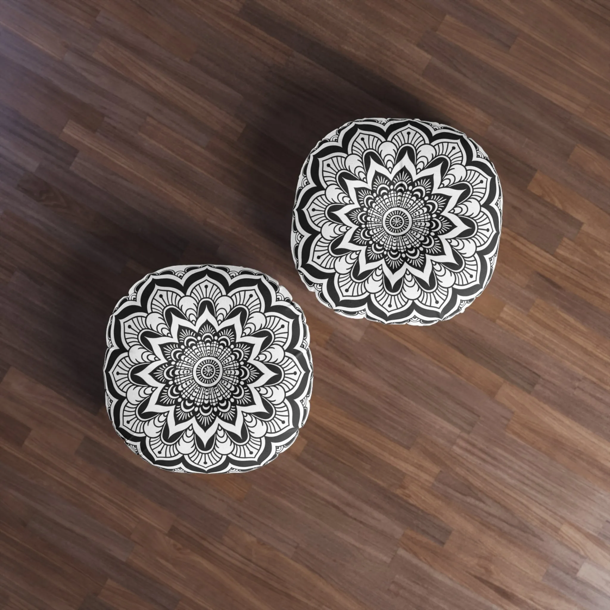 Mandala Art Black and White Floor Cushion - Tufted Round Pillow