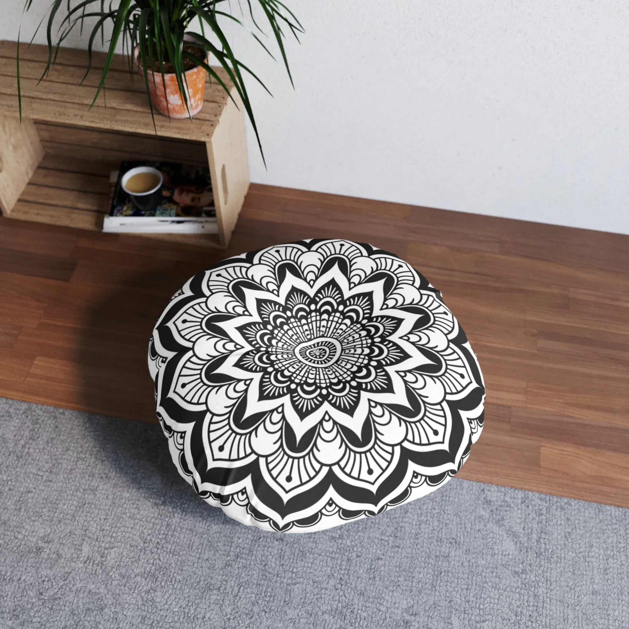 Mandala Art Black and White Floor Cushion - Tufted Round Pillow