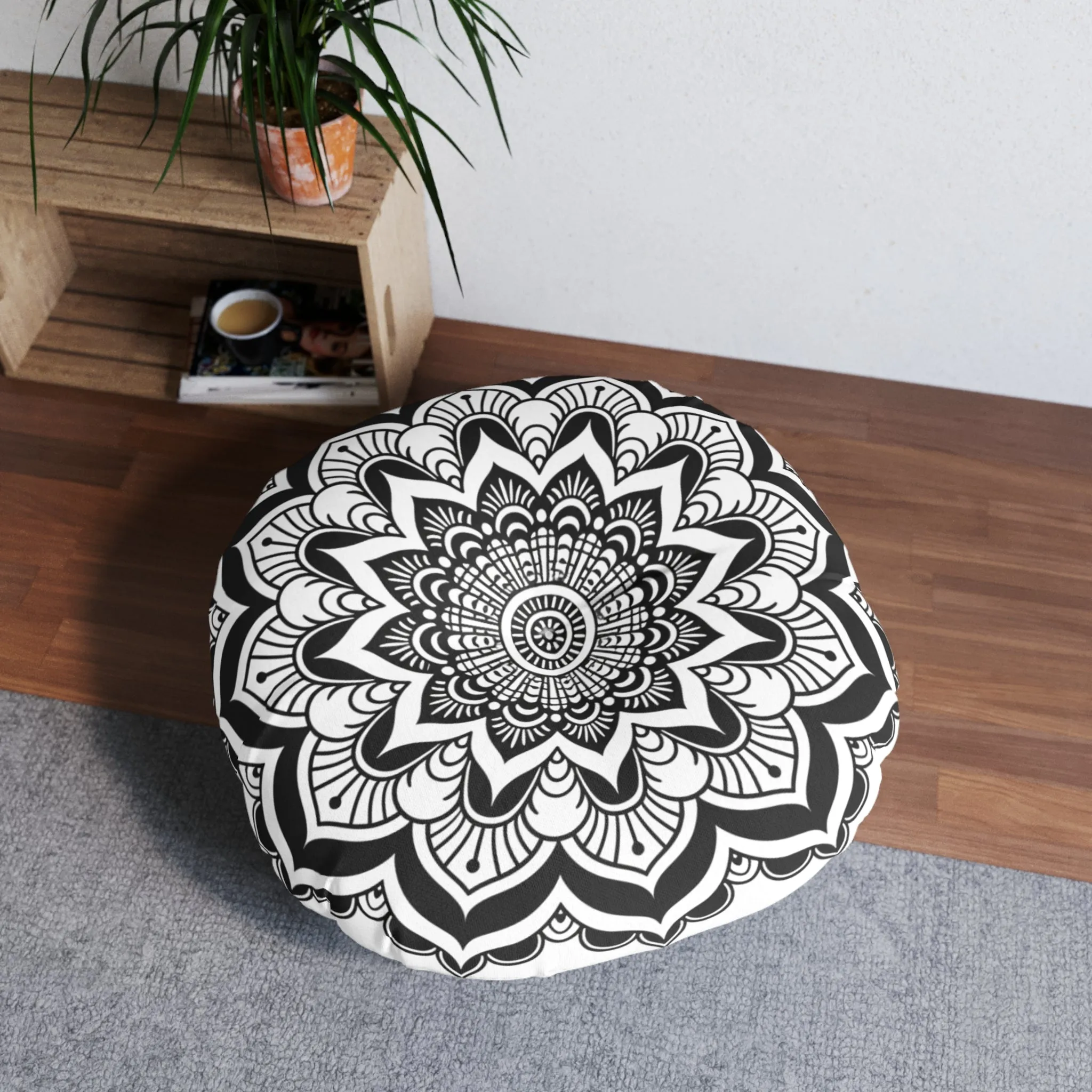 Mandala Art Black and White Floor Cushion - Tufted Round Pillow