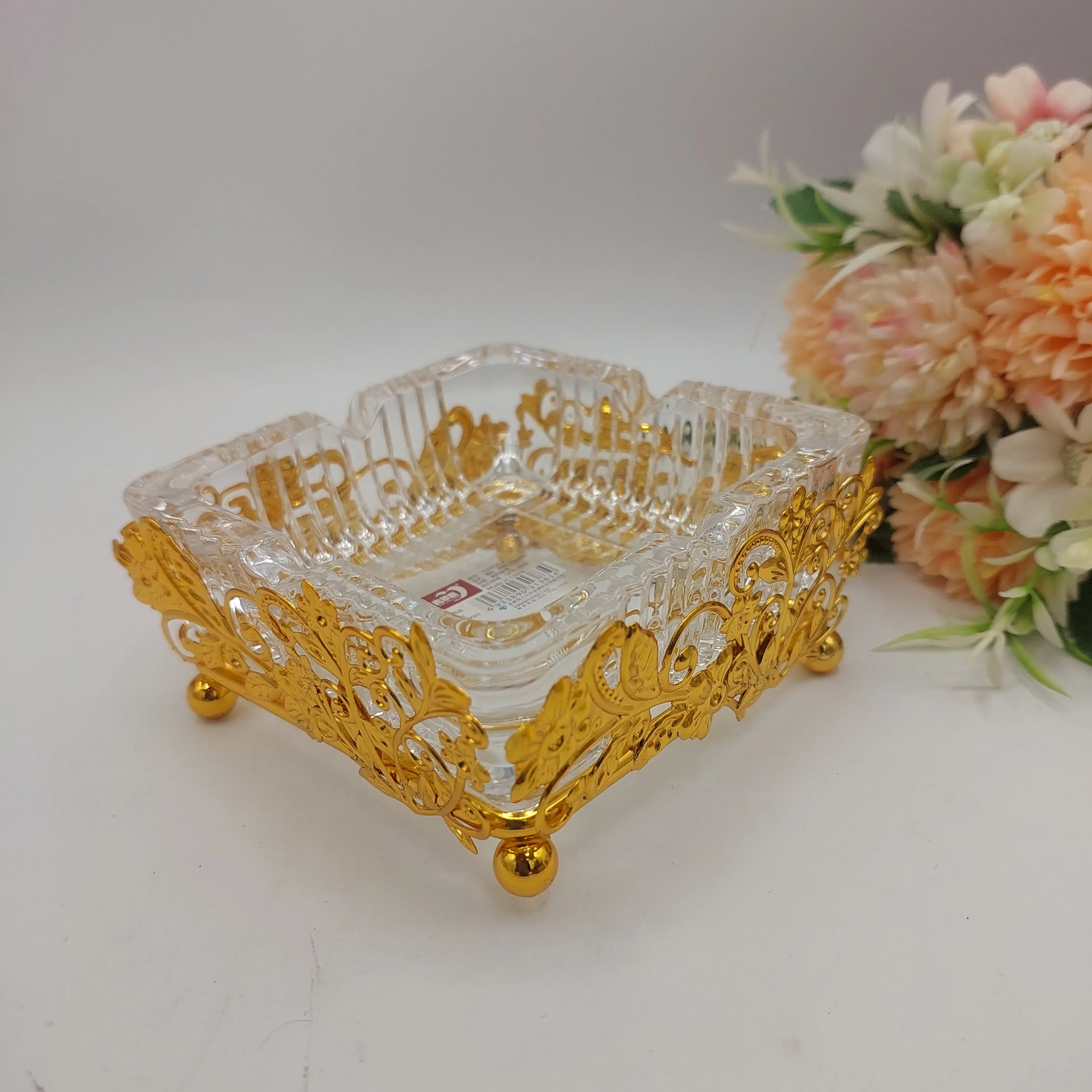 Metal & Crystal Ashtray - Elegant Golden