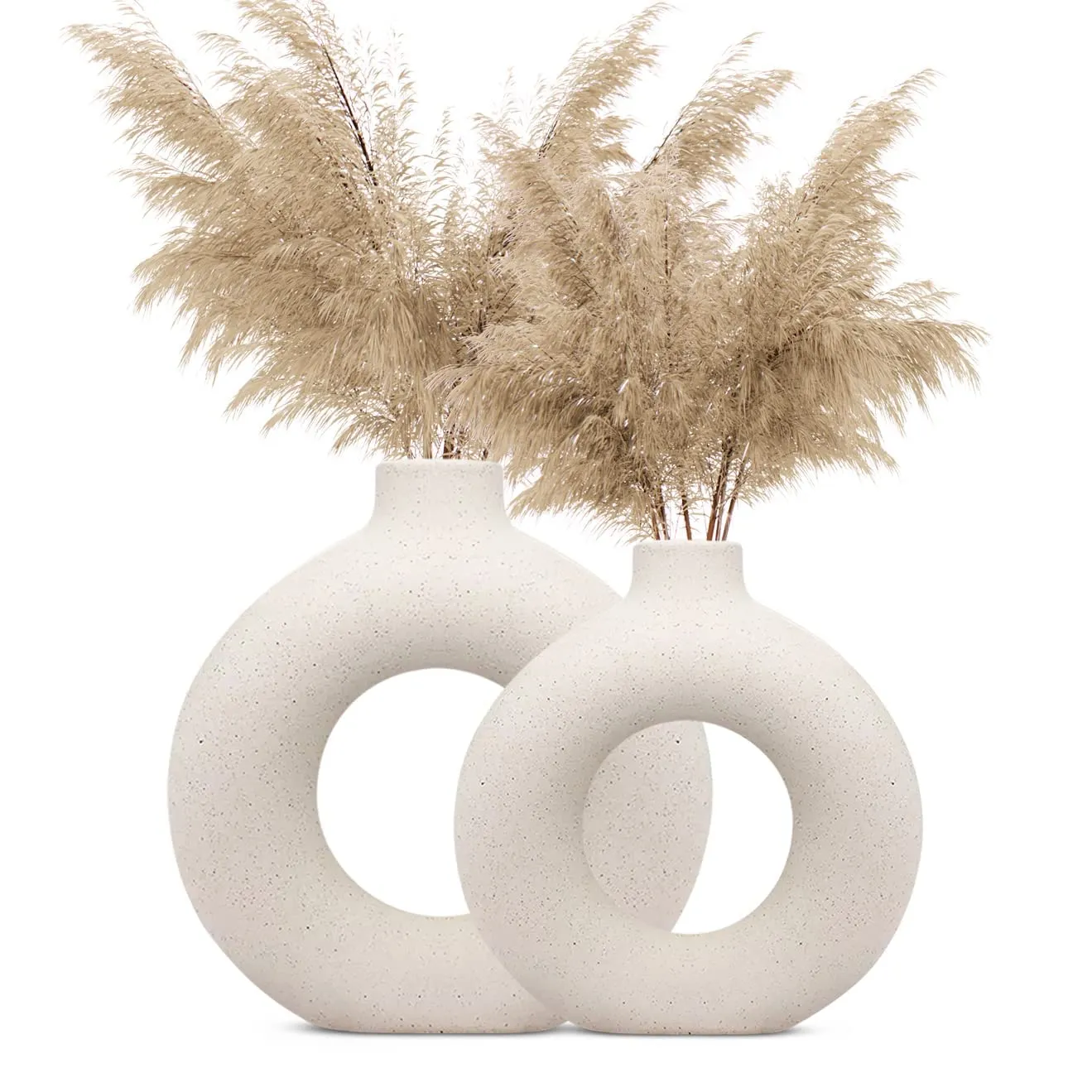 Modern White Ceramic Donut Vase - Stylish Circle Round Pampas Vase for Home Decor, Wedding, Party, Office, Bedroom - Decorative Gift (4 Inch)