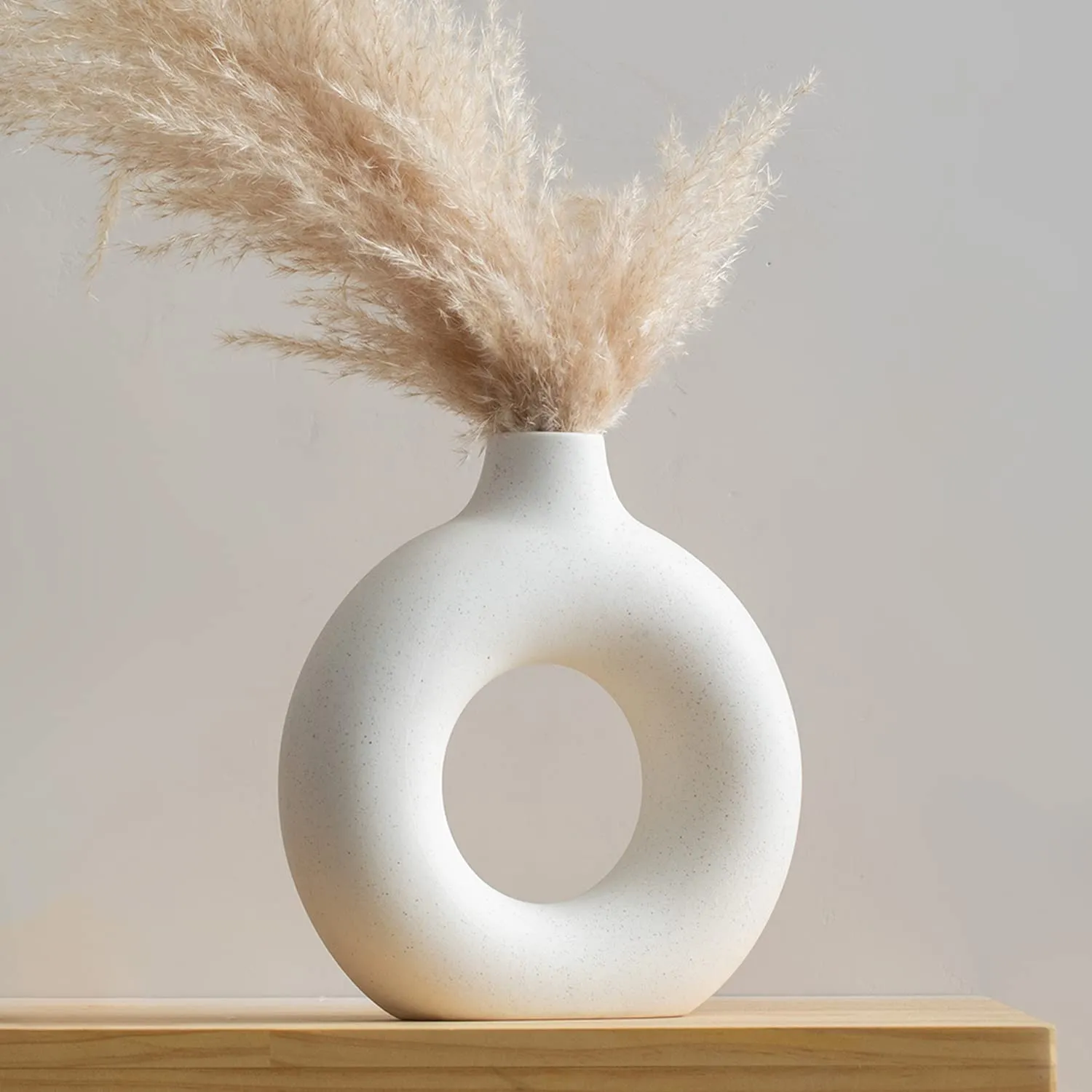 Modern White Ceramic Donut Vase - Stylish Circle Round Pampas Vase for Home Decor, Wedding, Party, Office, Bedroom - Decorative Gift (4 Inch)