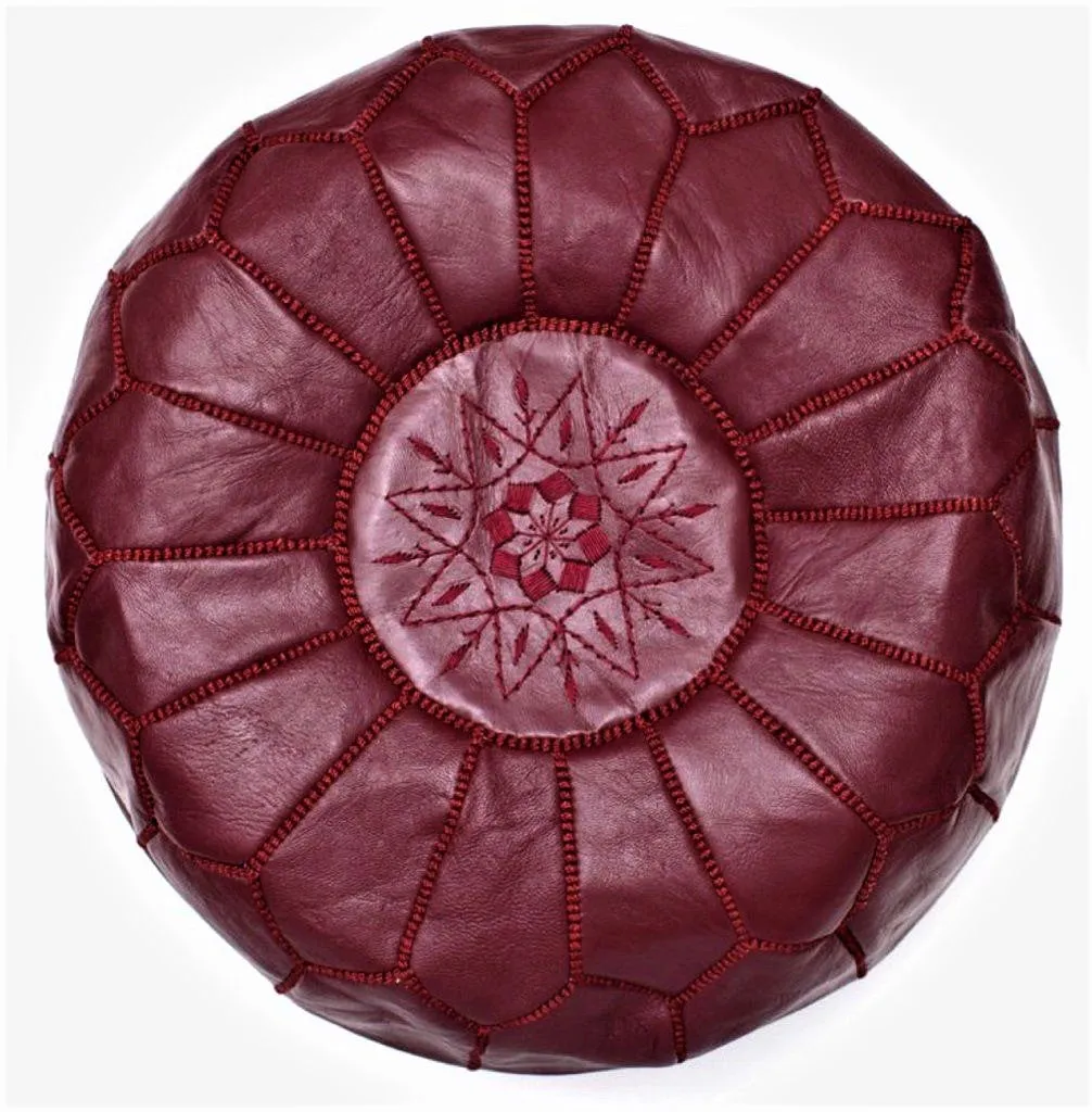 Moroccan Leather Ottoman - Deep Red