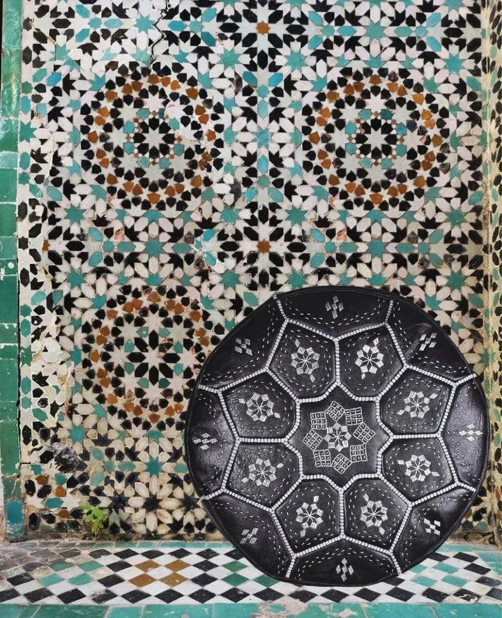 Moroccan Leather Tile Ottoman - Black and Silver