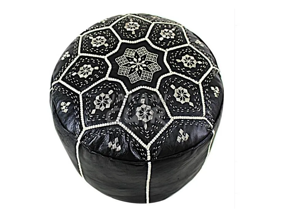 Moroccan Leather Tile Ottoman - Black and Silver