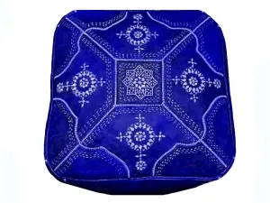 Moroccan Leather Tile Ottoman - Square - Blue and White