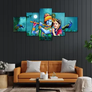 Perpetual Radha Krishna Paintings for Wall Decoration - Set Of Five, 3d Scenery Vastu Painting for Living Room Large Size with Frames for Home Decoration, Hotel, Office (75 CM X 43 CM) K8HIGH…