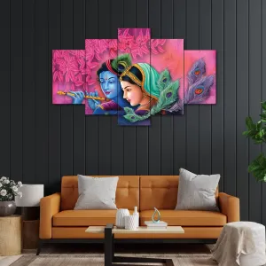 perpetual Wood Frame Radha Krishna Wall Painting for Decoration - Set Of Five, 3d Scenery Vastu Wall Painting for Living Room Large Size for Wall Decor and Home Decoration, Hotel, Office