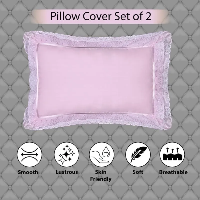 Seema Home Decor Cotton Lace Pillow Cover Set | Soft & Decorative | Comfortable & Breathable Pillow Covers for Bed, Sofa, Couch | Living Room Pillow Cases | Solid Desgin (Pack of 2) - Pink