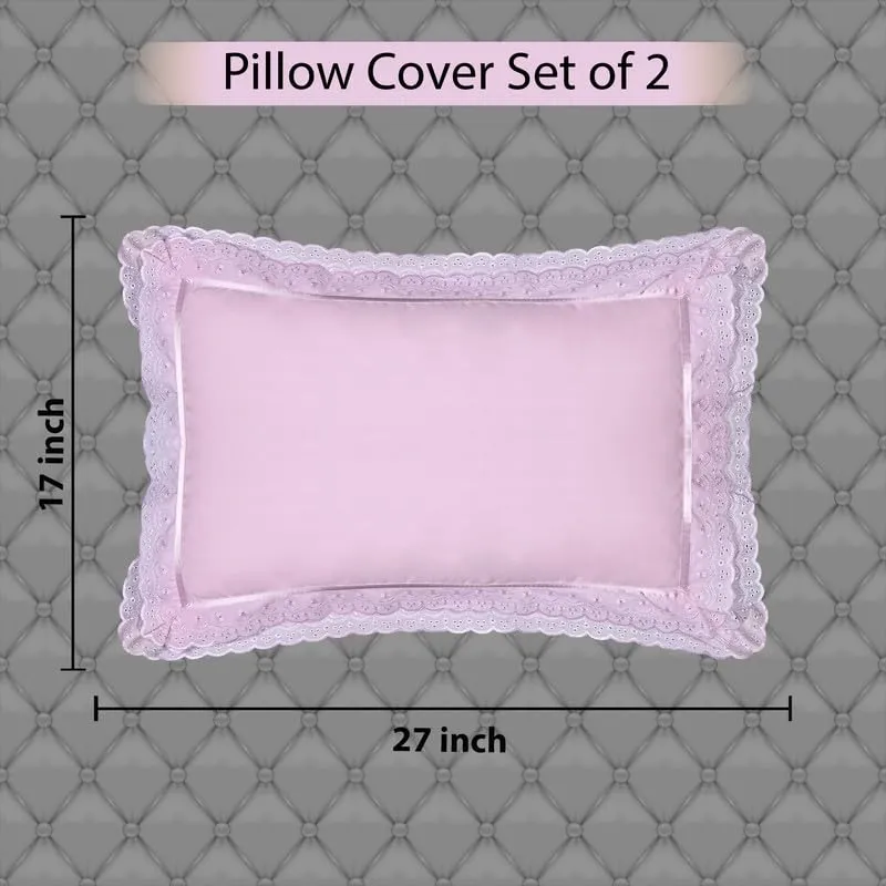 Seema Home Decor Cotton Lace Pillow Cover Set | Soft & Decorative | Comfortable & Breathable Pillow Covers for Bed, Sofa, Couch | Living Room Pillow Cases | Solid Desgin (Pack of 2) - Pink