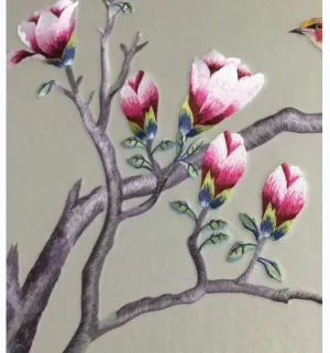 WallPaper Wall art Chinoiserie Peach Blossom painted Bird Embroidery Wall Decal 0102