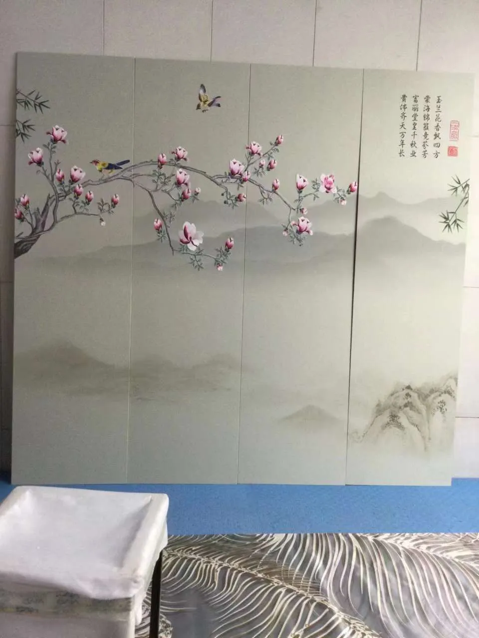 WallPaper Wall art Chinoiserie Peach Blossom painted Bird Embroidery Wall Decal 0102